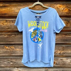 Vintage Concert Tees Blue Woodstock Short Sleeve Tee Shirt with Lace Up Detail